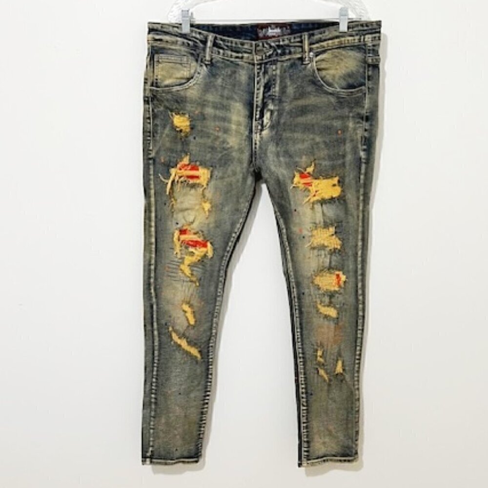 DENIMICITY Rip N Repair Distressed Denim Jeans Blue & Orange